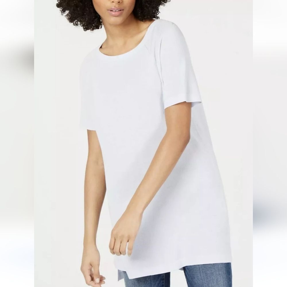 Eileen Fisher Bateau Neck Short Sleeve Tunic Top Sweater Tencel Stretch White XS
